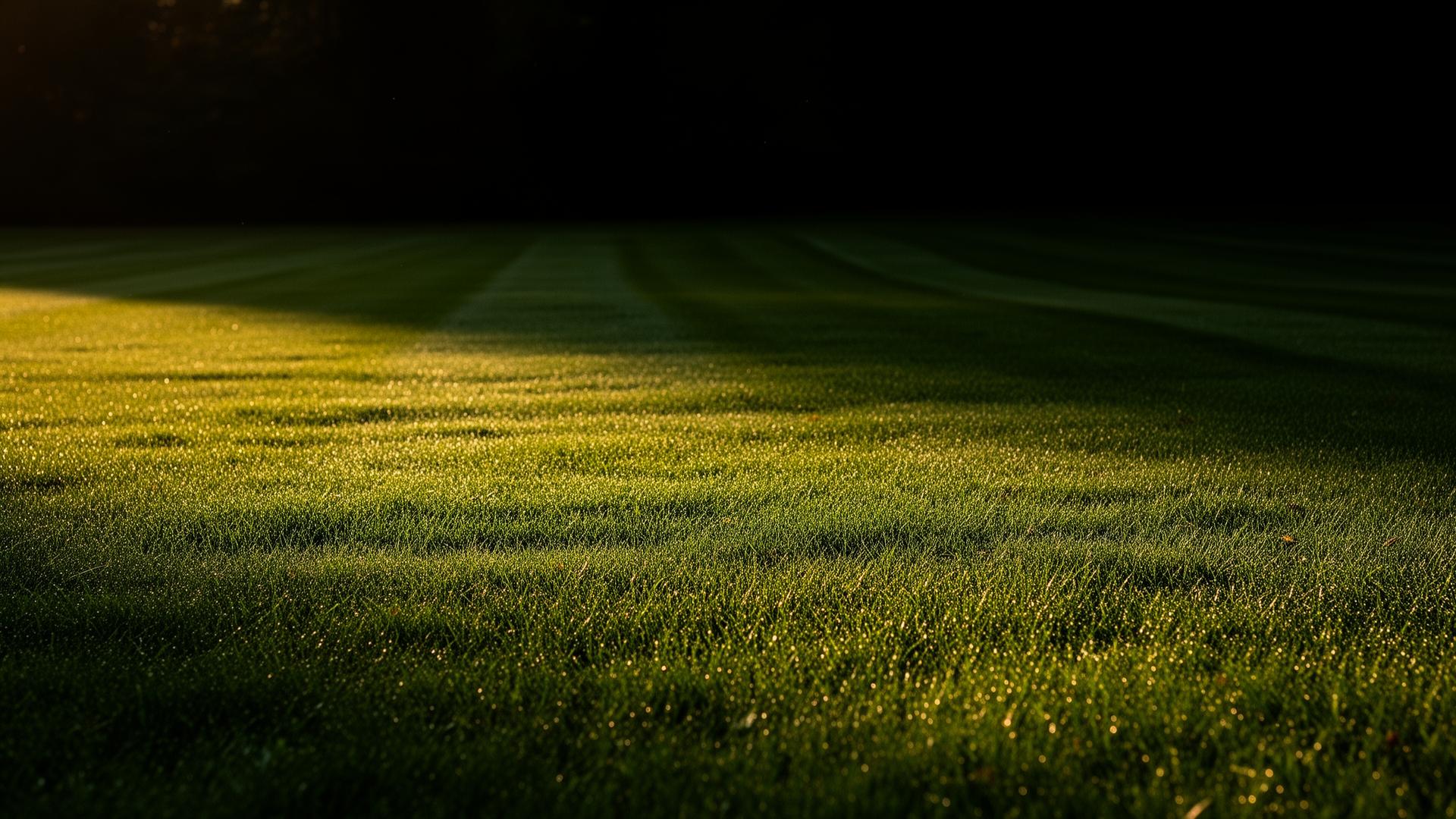 Freshly mowed lawn at golden hour